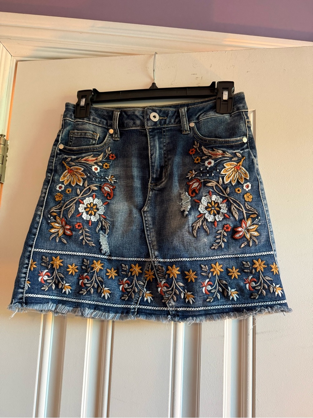 Altar'd State Embroidered Blue Denim Mini Skirt